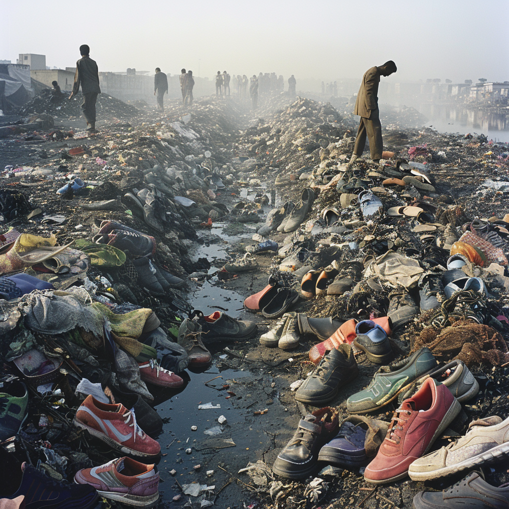 eople stand in a large, polluted area filled with discarded shoes and other debris, with misty conditions in the background.